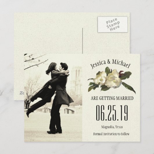 In Liefde -  Magnolia foto Save the Date Aankondigingskaart (Voorkant / Achterkant)