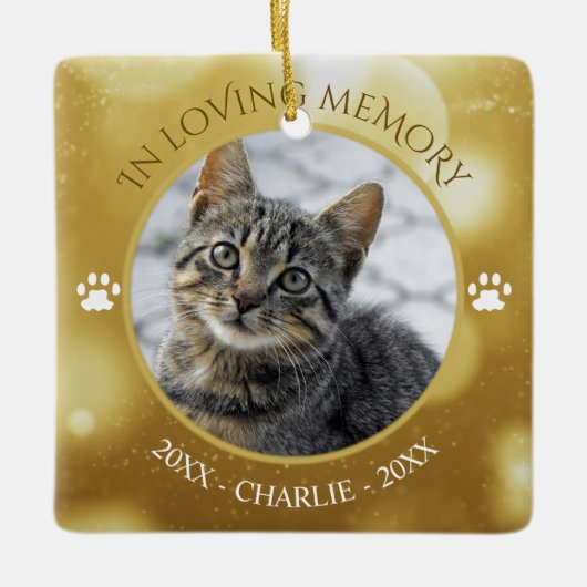 In Liefdevolle Geheugen Kat Foto Gouden Keepsake Keramisch Ornament (Voorkant)