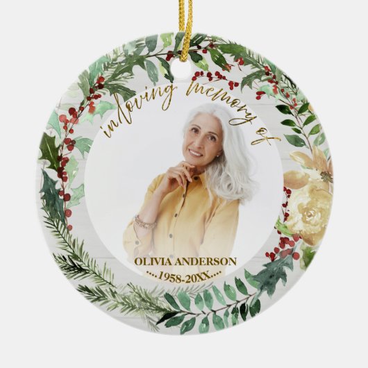 In liefdevolle herinnering aan | Kransen Foto Memo Keramisch Ornament (Voorkant)