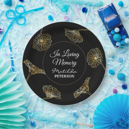 In liefdevolle herinnering gouden bloemen begrafen papieren bordje (Feest)
