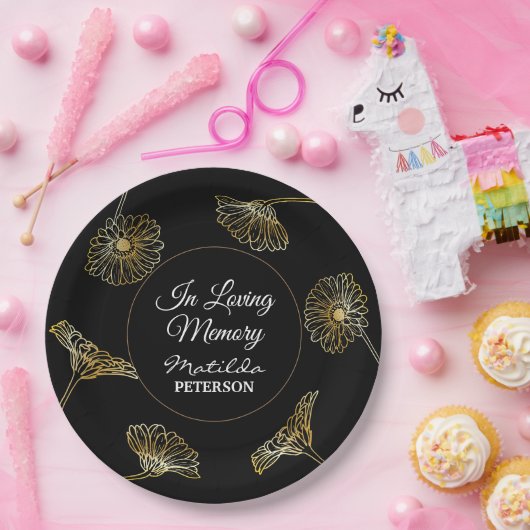 In liefdevolle herinnering gouden bloemen begrafen papieren bordje (Feest)