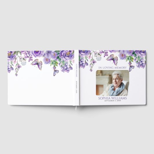 In liefdevolle herinnering paarse bloemen gastenboek (Volledig)
