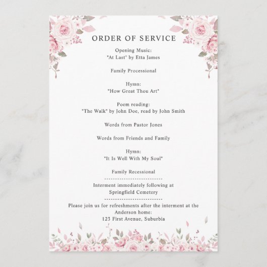 In liefdevolle herinnering Roze Waterverf Bloemenm Programmakaart (Achterkant)