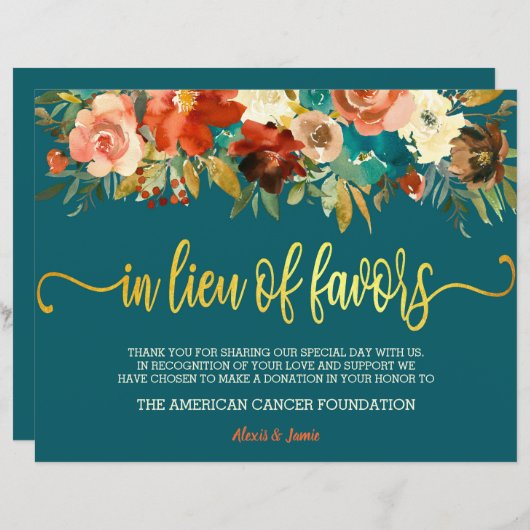 In Lieu des Favors Sign - Blauwgroen en Oranje huw (Voorkant / Achterkant)