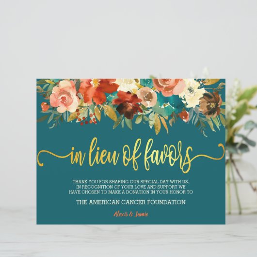 In Lieu des Favors Sign - Blauwgroen en Oranje huw (Staand voorkant)