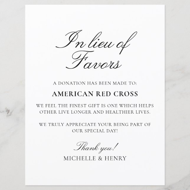 In Lieu des Favors Wedding Donation Sign (Voorkant)