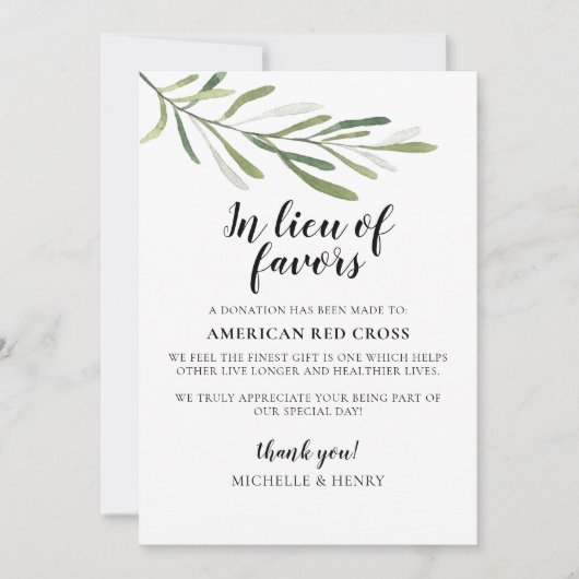 In Lieu des Favors Wedding Donation Sign Kaart (Voorkant)