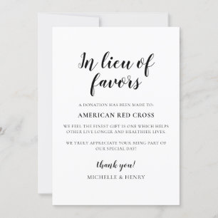 In Lieu des Favors Wedding Donation Sign Kaart