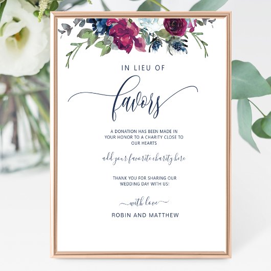 In Lieu Favors Berry, Blue and Burgundy Sign Poster