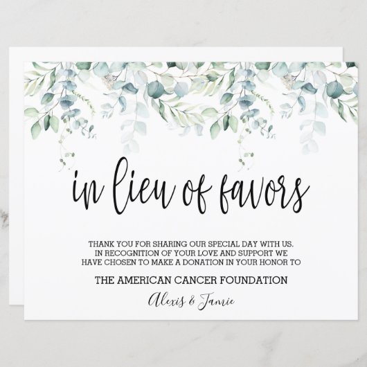 In Lieu Favors Sign - Eucalyptus Wedding (Voorkant / Achterkant)