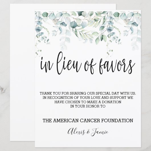 In Lieu Favors Sign - Eucalyptus Wedding - V (Voorkant / Achterkant)