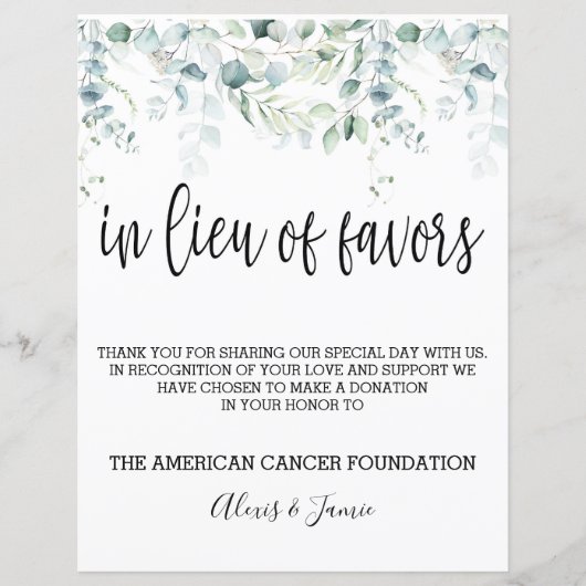 In Lieu Favors Sign - Eucalyptus Wedding - V (Voorkant)