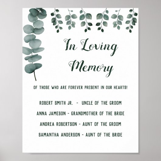In Lieve Herinnering Groene Plant Eucalyptus Trouw Poster (Voorkant)