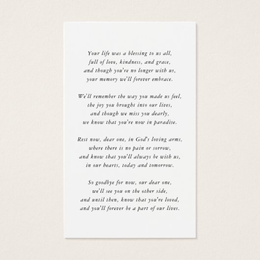 In Loing Memory Funeral Memorial Prayer Kaart (Achterkant)