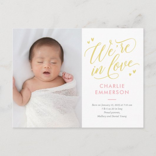In Love EDITABLE COLOR Birth Announounding Briefka Briefkaart (Voorkant)