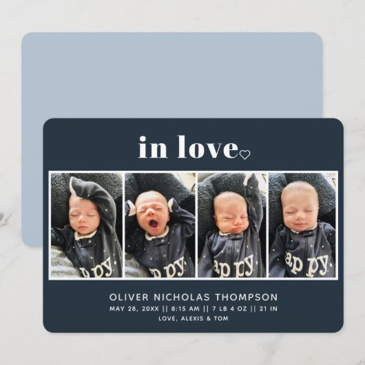 In Love Navy Simple Modern Birth Announounance (Voorkant / Achterkant)
