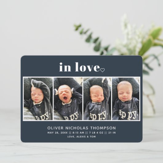 In Love Navy Simple Modern Birth Announounance (Staand voorkant)