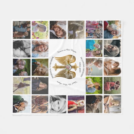 In Loving Memory 24 Photo Collage Cross met Wings Fleece Deken (Voorkant (Horizontaal))