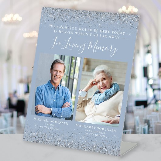 In Loving Memory 2 foto Stoffig Blauw Zilver Bruil Reclamebord Met Voetstuk