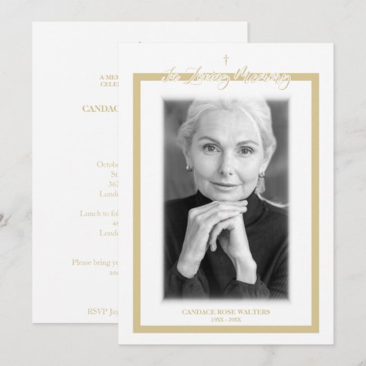 In Loving Memory B&W Golden Photo Service Dear Notitiekaartje (Voorkant / Achterkant)