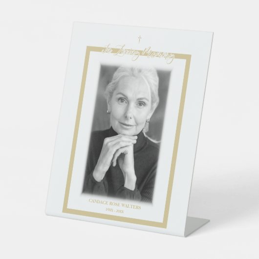 In Loving Memory B&W Golden Photo Service Dear Reclamebord Met Voetstuk (Voorkant)