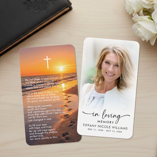 In Loving Memory Beach Sunset Photo Prayer Card Visitekaartje