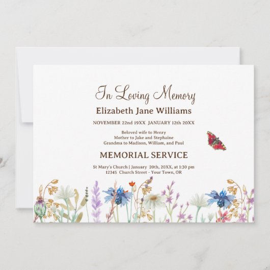 In Loving Memory Begrafenis Wildflower & Butterfly Kaart (Voorkant)