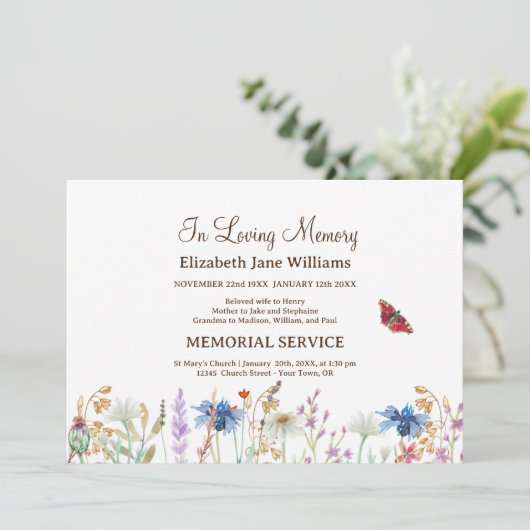 In Loving Memory Begrafenis Wildflower & Butterfly Kaart (Staand voorkant)