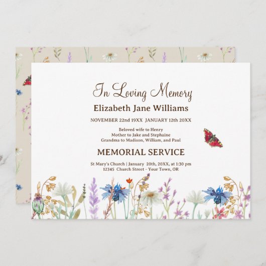 In Loving Memory Begrafenis Wildflower & Butterfly Kaart (Voorkant / Achterkant)