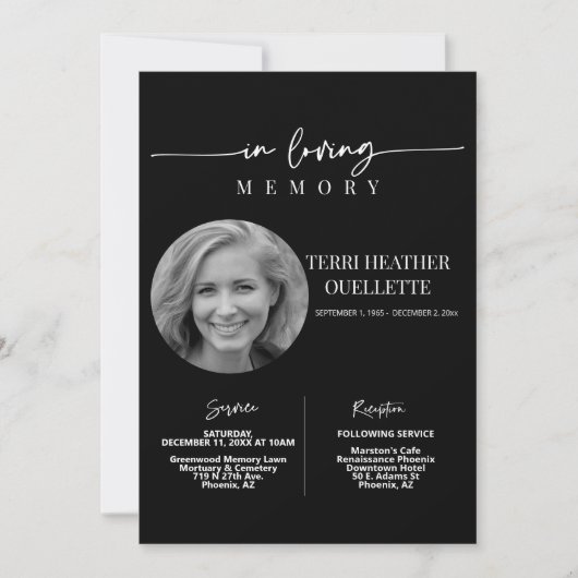 In Loving Memory Begrafenisdienst Zwart Kaart (Voorkant)