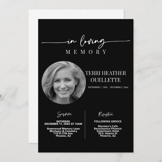 In Loving Memory Begrafenisdienst Zwart Kaart (Voorkant / Achterkant)