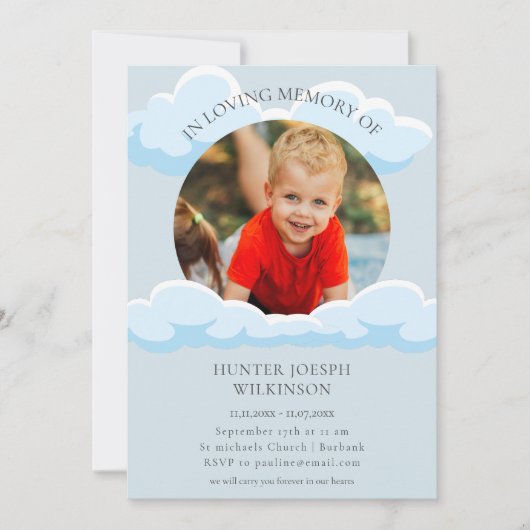 In Loving Memory Blue Clouds baby Funeral Modern Kaart (Voorkant)