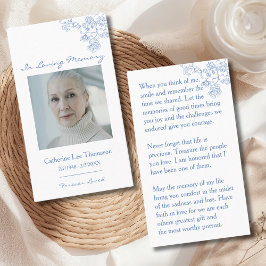 In Loving Memory Blue Floral Photo Prayer Card Visitekaartje