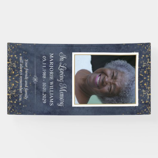 In Loving Memory Blue Gold Photo Grave Hoesje Spandoek (Horizontaal)