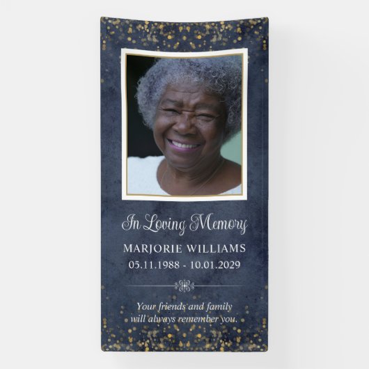 In Loving Memory Blue Gold Photo Grave Hoesje Spandoek (Verticaal)