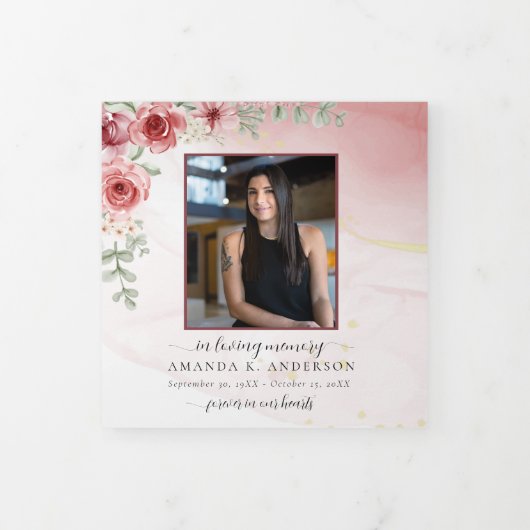 In Loving Memory Blush Red Flower Funeral Drieluik Kaart (Cover)