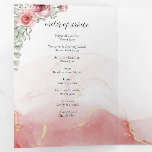 In Loving Memory Blush Red Flower Funeral Drieluik Programma (Binnenzijde eerst)