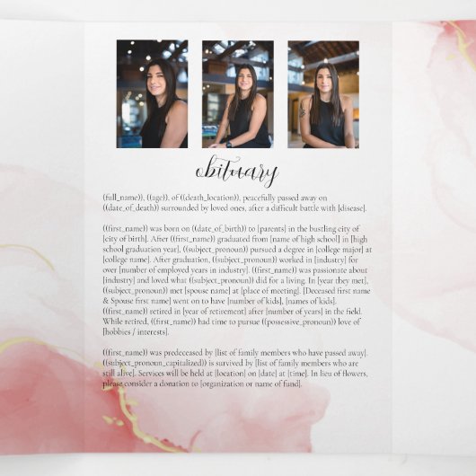 In Loving Memory Blush Red Flower Funeral Drieluik Programma (Binnenkant midden)