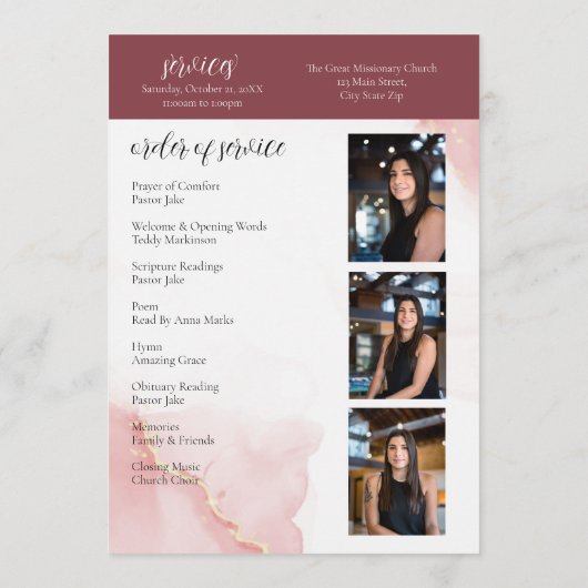 In Loving Memory Blush Red Flower Funeral Programmakaart (Achterkant)