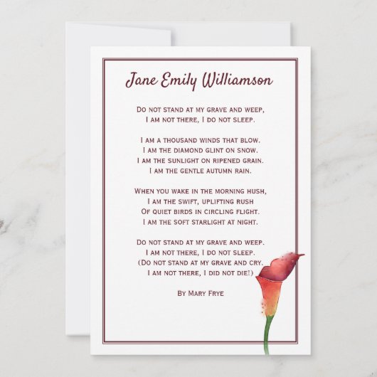 In Loving Memory Calla Lily Funeral Aankondiging (Achterkant)