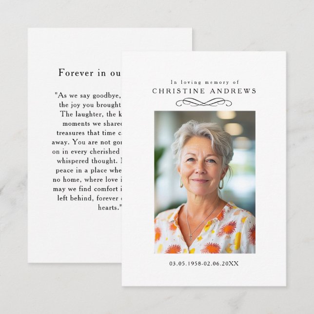 "In loving Memory" Elegant White Photo Prayer (Voorkant / Achterkant)