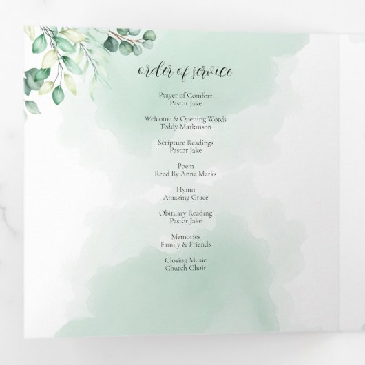 In Loving Memory Eucalyptus groen diensten Drieluik Kaart (Binnenzijde eerst)