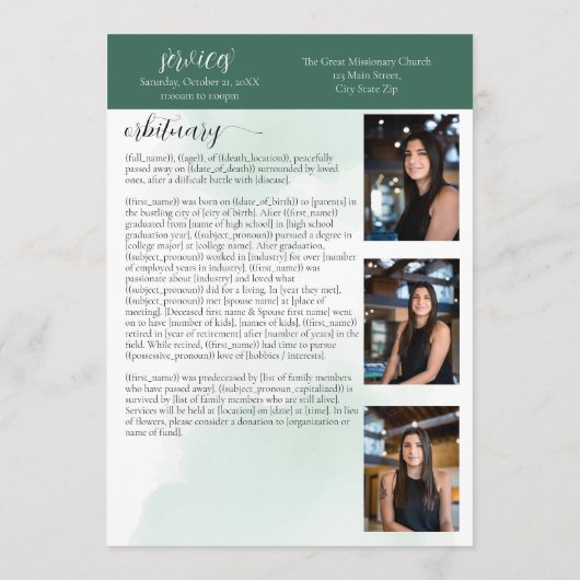 In Loving Memory Eucalyptus groen overlijdensberic Programmakaart (Achterkant)