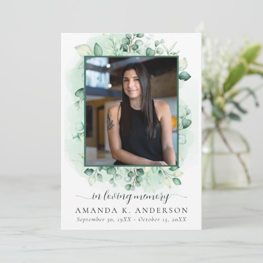 In Loving Memory Eucalyptus groen overlijdensberic Programmakaart (Staand voorkant)