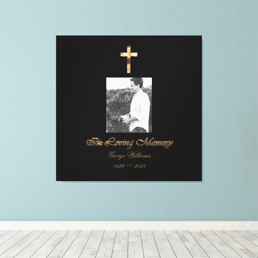 In Loving Memory Faux Gold Cross Foto toevoegen Canvas Afdruk (Insitu (Houten vloer))