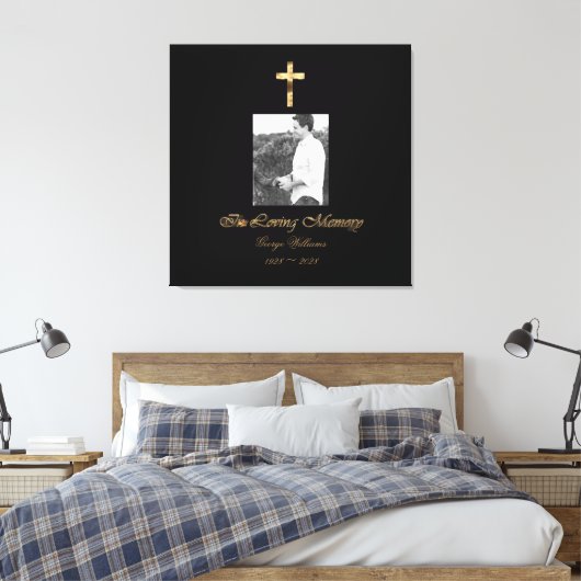In Loving Memory Faux Gold Cross Foto toevoegen Canvas Afdruk (Insitu (Slaapkamer))
