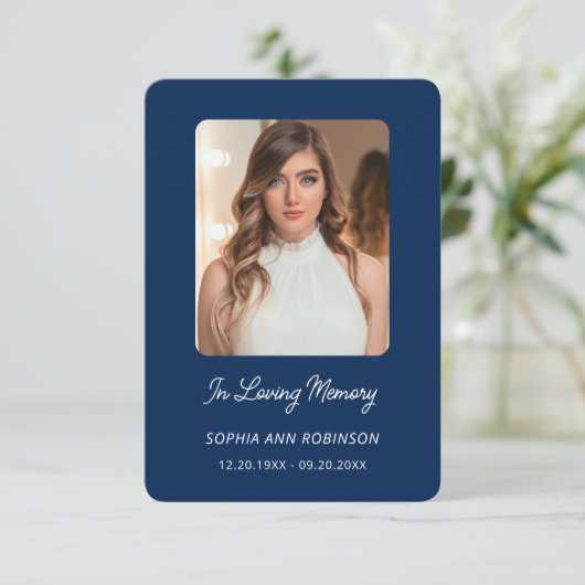 In Loving Memory Foto Begrafenis Blauw Gebed Kaart (Staand voorkant)