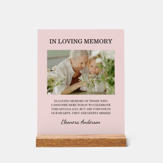 In Loving Memory Foto Bruiloft Roze Blush Acryl Bord (Voorkant)