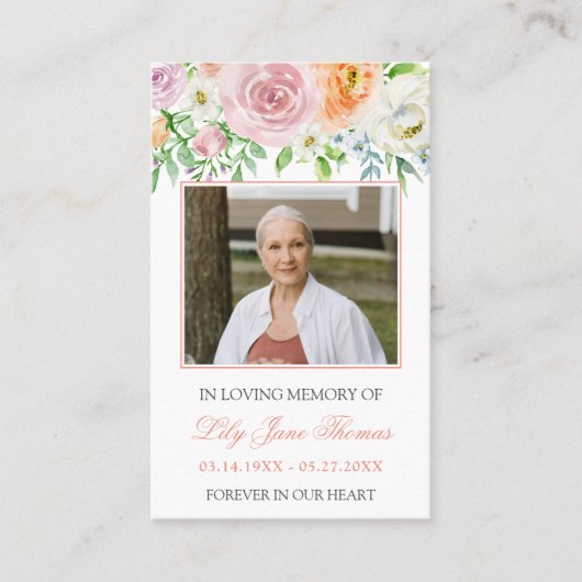 In Loving Memory Foto Memorial Elegant Peach Roos Visitekaartje (Voorkant)