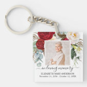 In Loving Memory Foto Rood Wit Bloemenmonument Sleutelhanger (Voorkant)